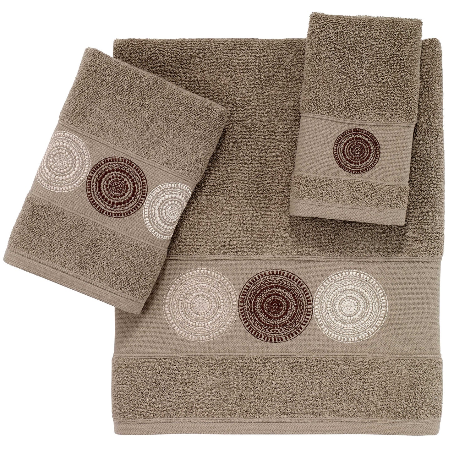 Premium Luxury Decor 100% Cotton Soft Bathroom Modern Embroidered 3 Piece Towel Set, Brown Circles Pattern