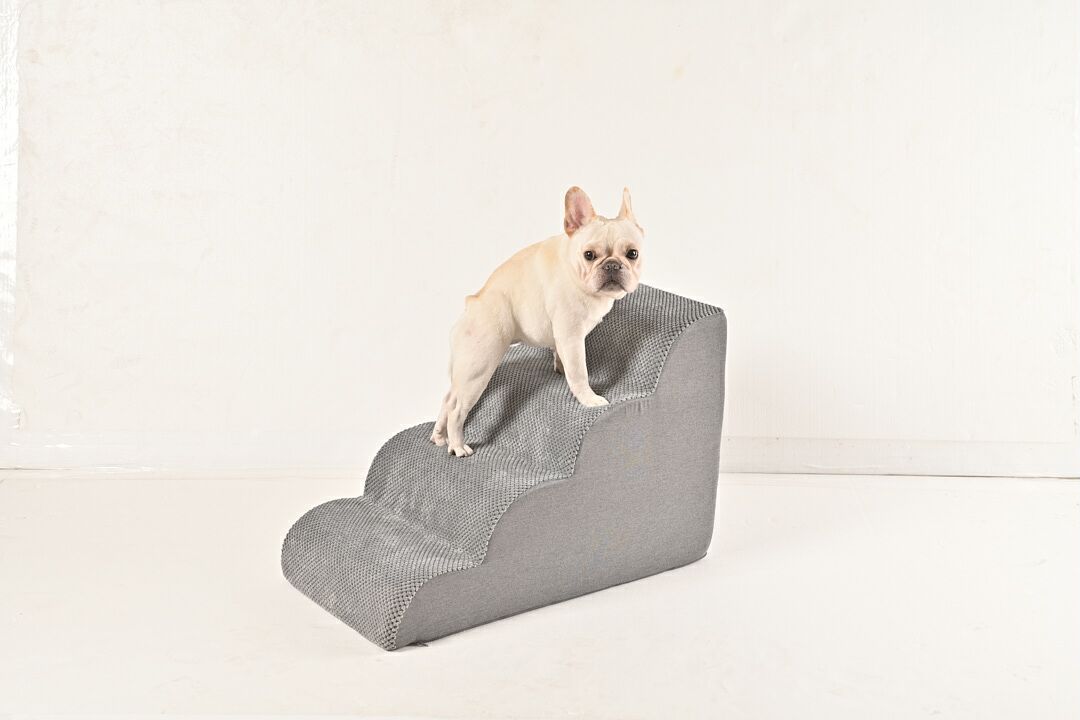 4 Steps Dog Stairs for Bed and Sofa, Non-Slip High Density Foam Pet Ramp Cushion with Removable Cover, Grey Color