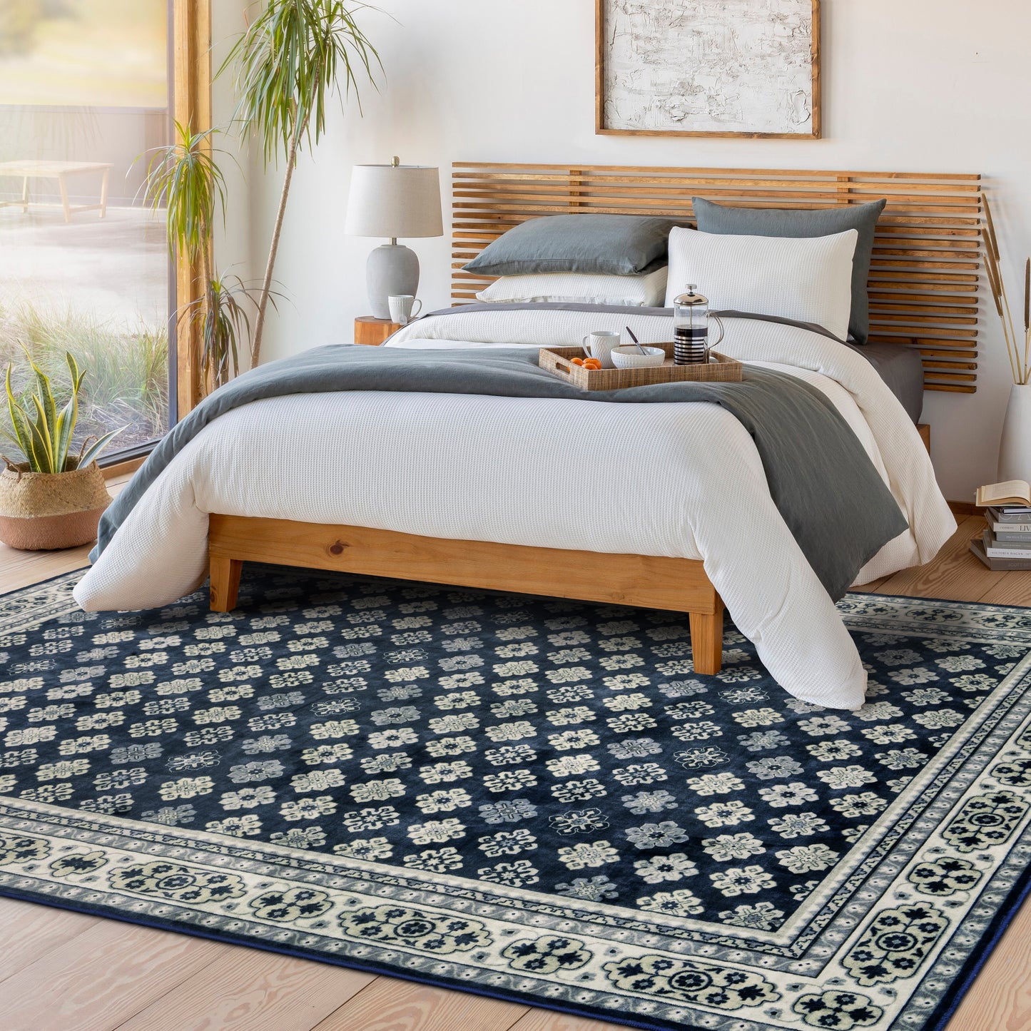 Decor Non-Slip Back Soft Area Carpet Floor Area Rug Indoor Accent Decorative Mat, Navy Blue Floral, 5 x 7 Feet