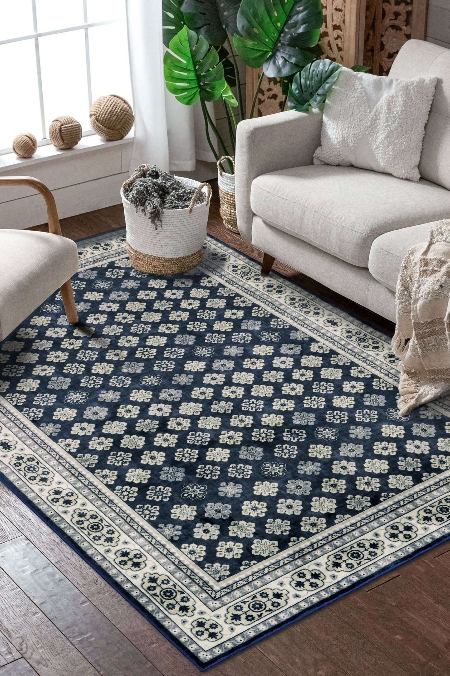 Decor Non-Slip Back Soft Area Carpet Floor Area Rug Indoor Accent Decorative Mat, Navy Blue Floral, 5 x 7 Feet