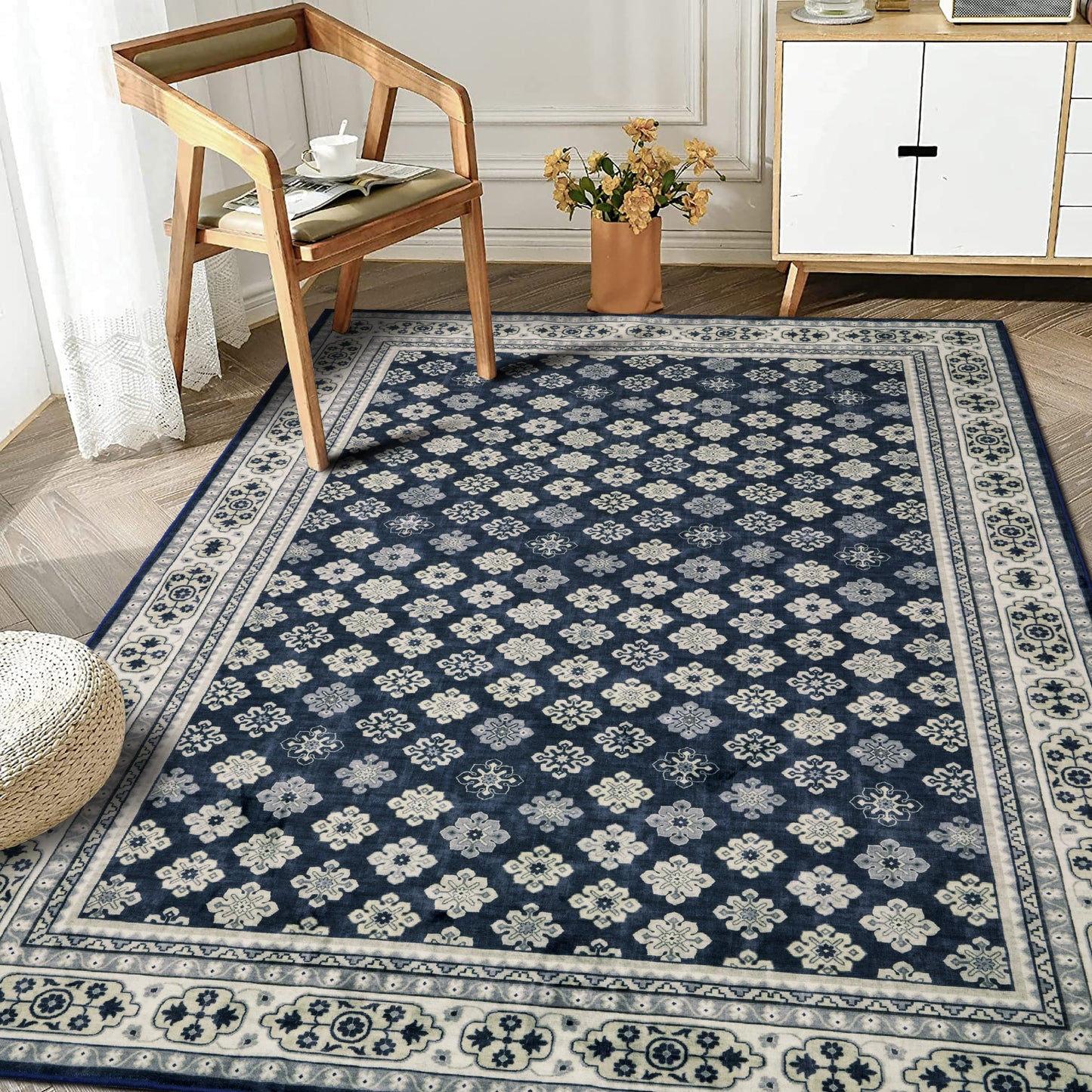Decor Non-Slip Back Soft Area Carpet Floor Area Rug Indoor Accent Decorative Mat, Navy Blue Floral, 5 x 7 Feet