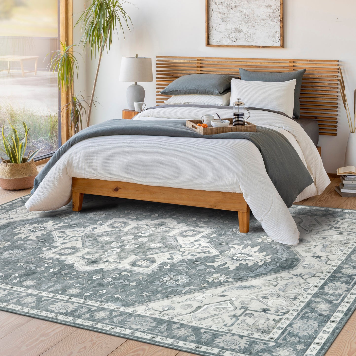 Decor Non-Slip Back Soft Area Carpet Floor Area Rug Indoor Accent Decorative Mat, Silver Floral, 5 x 7 Feet