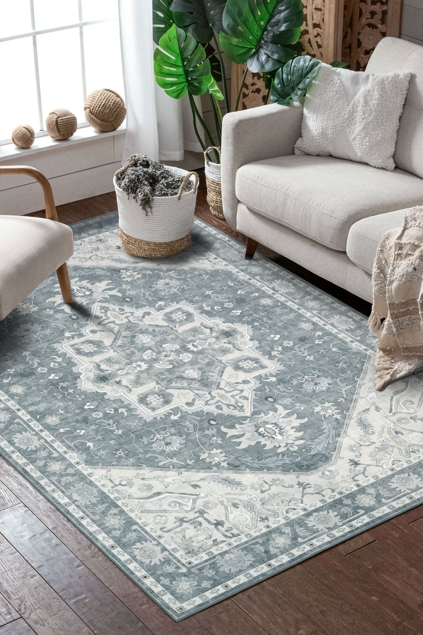 Decor Non-Slip Back Soft Area Carpet Floor Area Rug Indoor Accent Decorative Mat, Silver Floral, 5 x 7 Feet