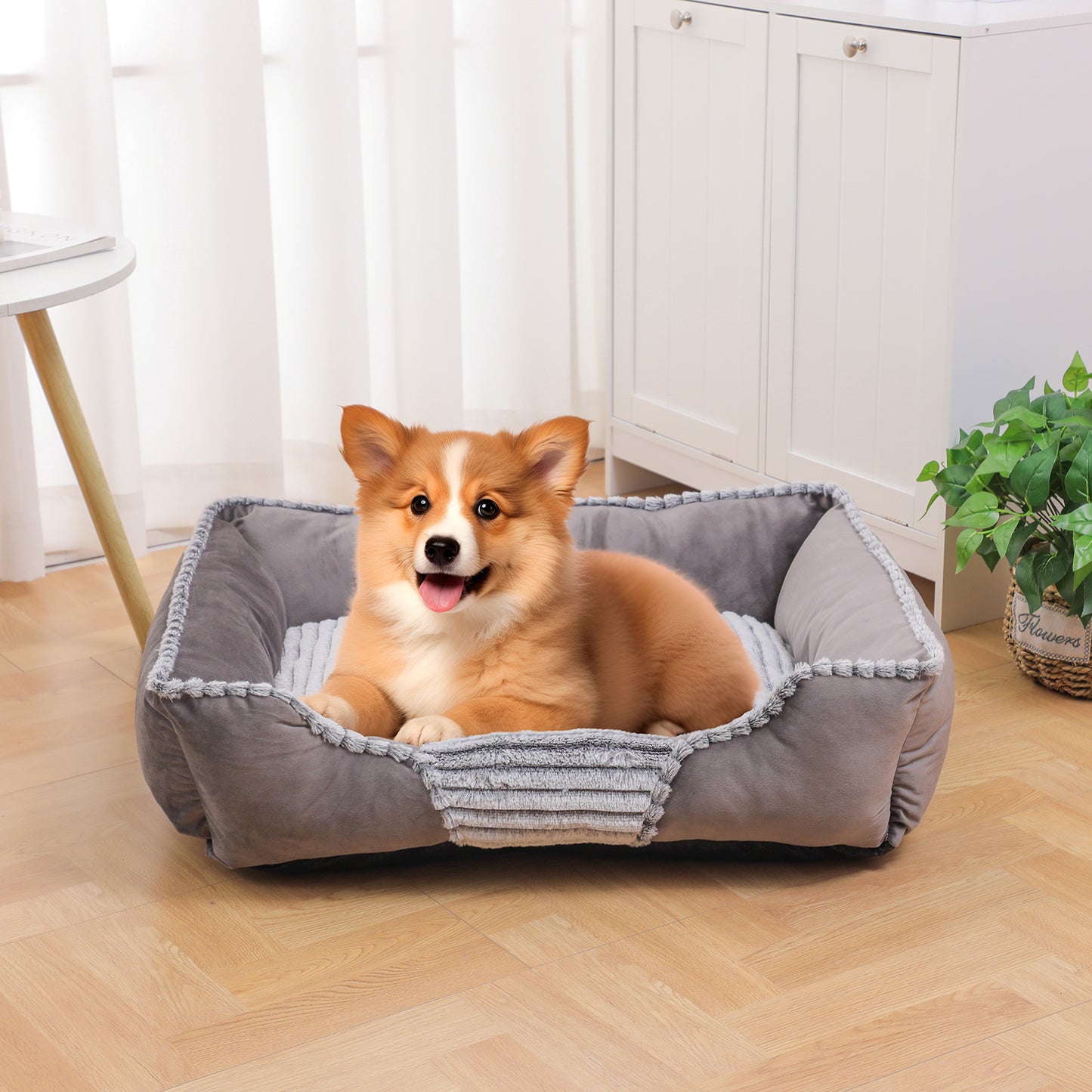 Orthopedic Dog Bed, Cat Puppy Mat with Sides Bolster, Soft Fluffy Pet Sofa, Anti-Slip Bottom, Grey 30 x 24 Inch
