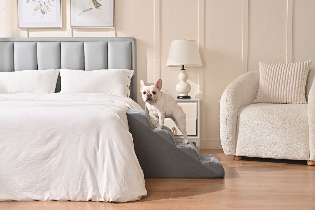4 Steps Dog Stairs for Bed and Sofa, Non-Slip High Density Foam Pet Ramp Cushion with Removable Cover, Grey Color