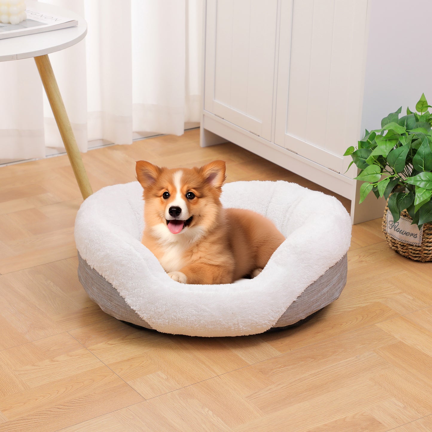 Donut Orthopedic Dog Bed, Cat Puppy Mat with Sides Bolster, Soft Fluffy Pet Sofa, Anti-Slip Bottom, Grey 23 Inch Round