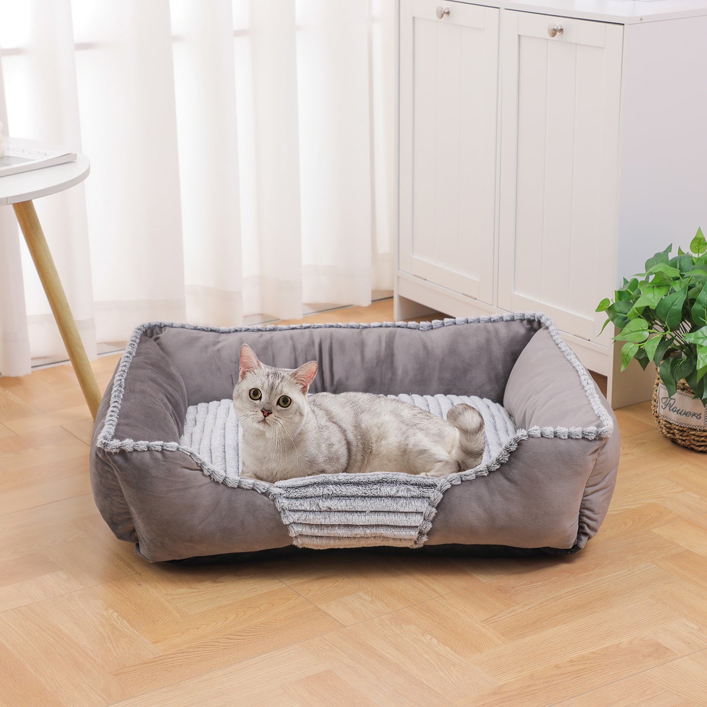 Orthopedic Dog Bed, Cat Puppy Mat with Sides Bolster, Soft Fluffy Pet Sofa, Anti-Slip Bottom, Grey 30 x 24 Inch