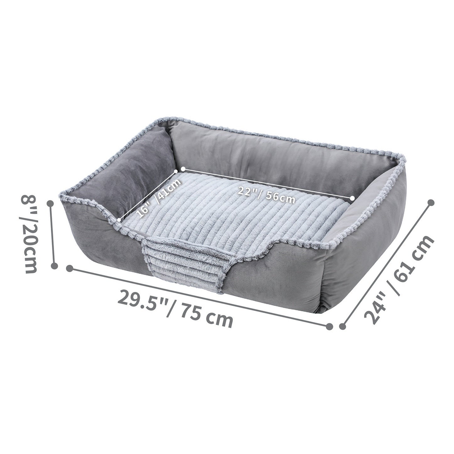 Orthopedic Dog Bed, Cat Puppy Mat with Sides Bolster, Soft Fluffy Pet Sofa, Anti-Slip Bottom, Grey 30 x 24 Inch