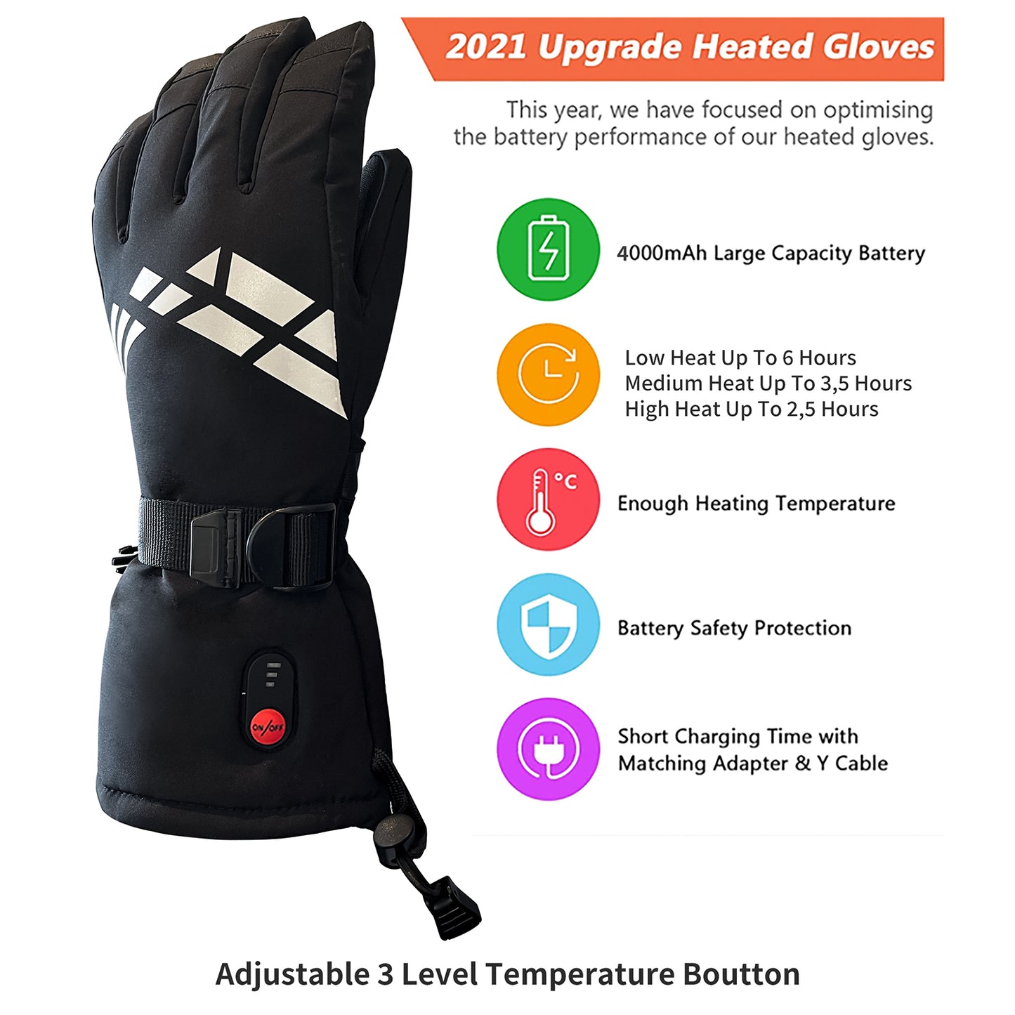 Heated Gloves Windproof Waterproof Touchscreen, 3.7V 4000mAh USB Rechargeable Battery Winter Heating Glove, Thermal Hand Warmer