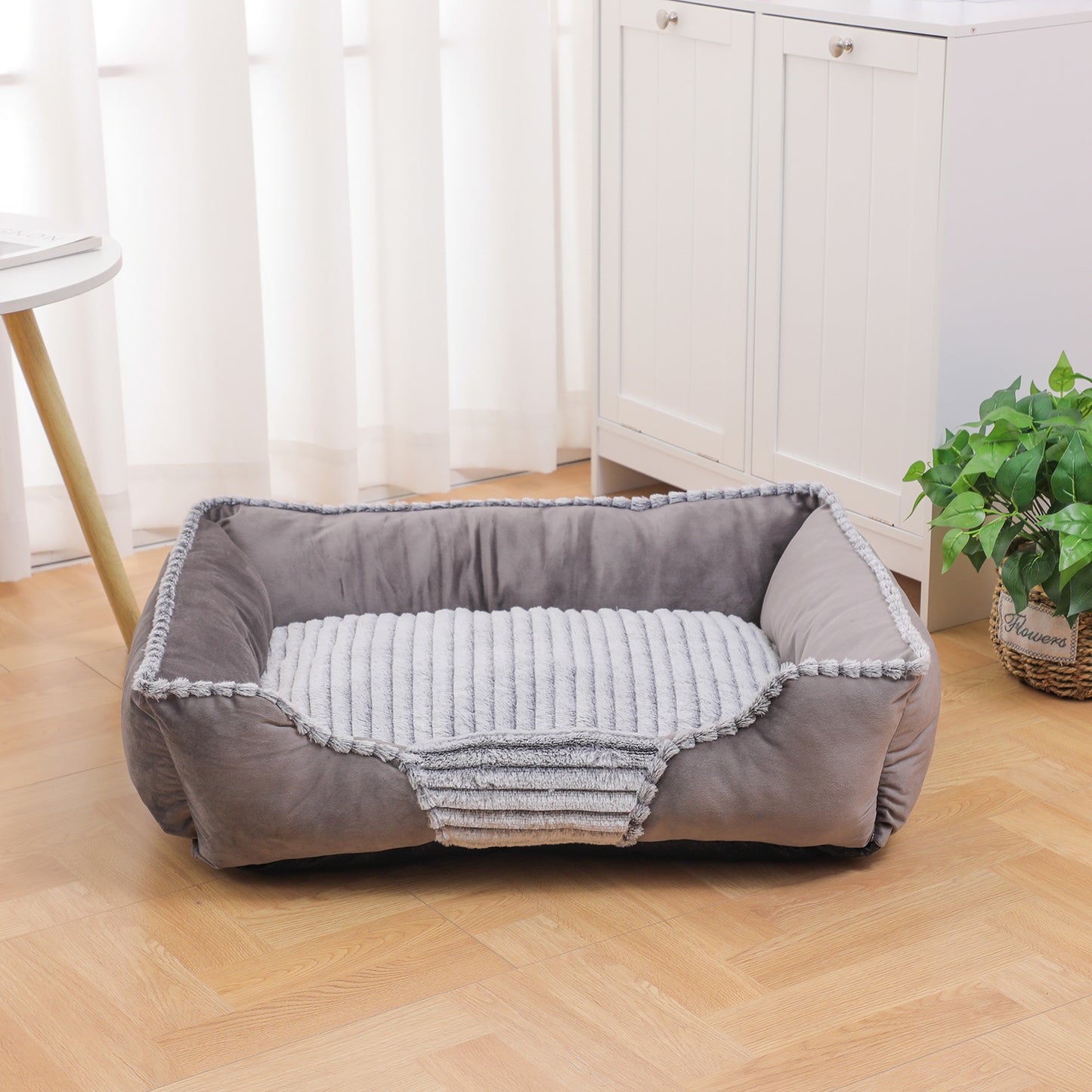 Orthopedic Dog Bed, Cat Puppy Mat with Sides Bolster, Soft Fluffy Pet Sofa, Anti-Slip Bottom, Grey 30 x 24 Inch