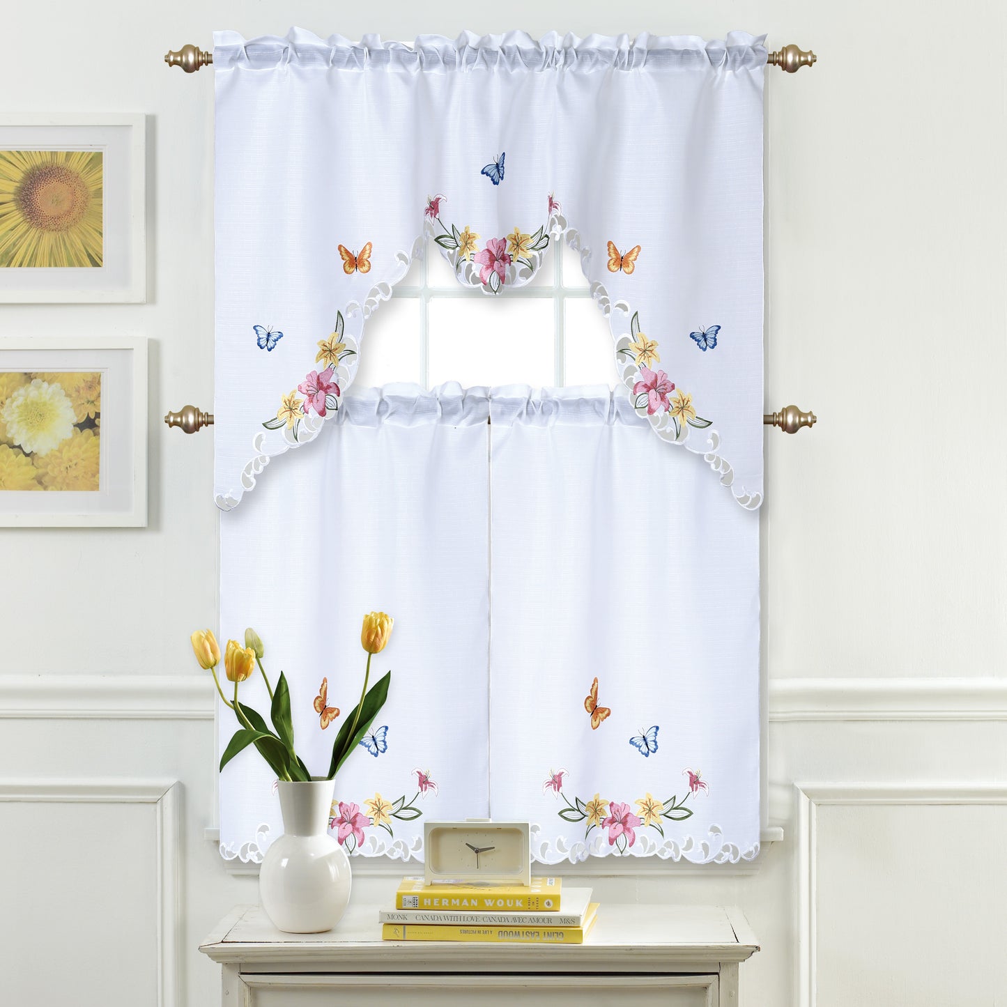 Home Décor Drapery Light Filtering Rod Pocket Lace Embroidered Kitchen Window Curtain Swag Valance and Tier Set, Butterfly and Lily Floral