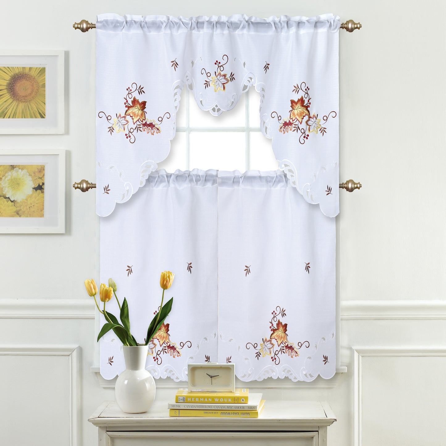 Home Décor Drapery Light Filtering Rod Pocket Lace Embroidered Kitchen Window Curtain Swag Valance and Tier Set, Maple Leaves