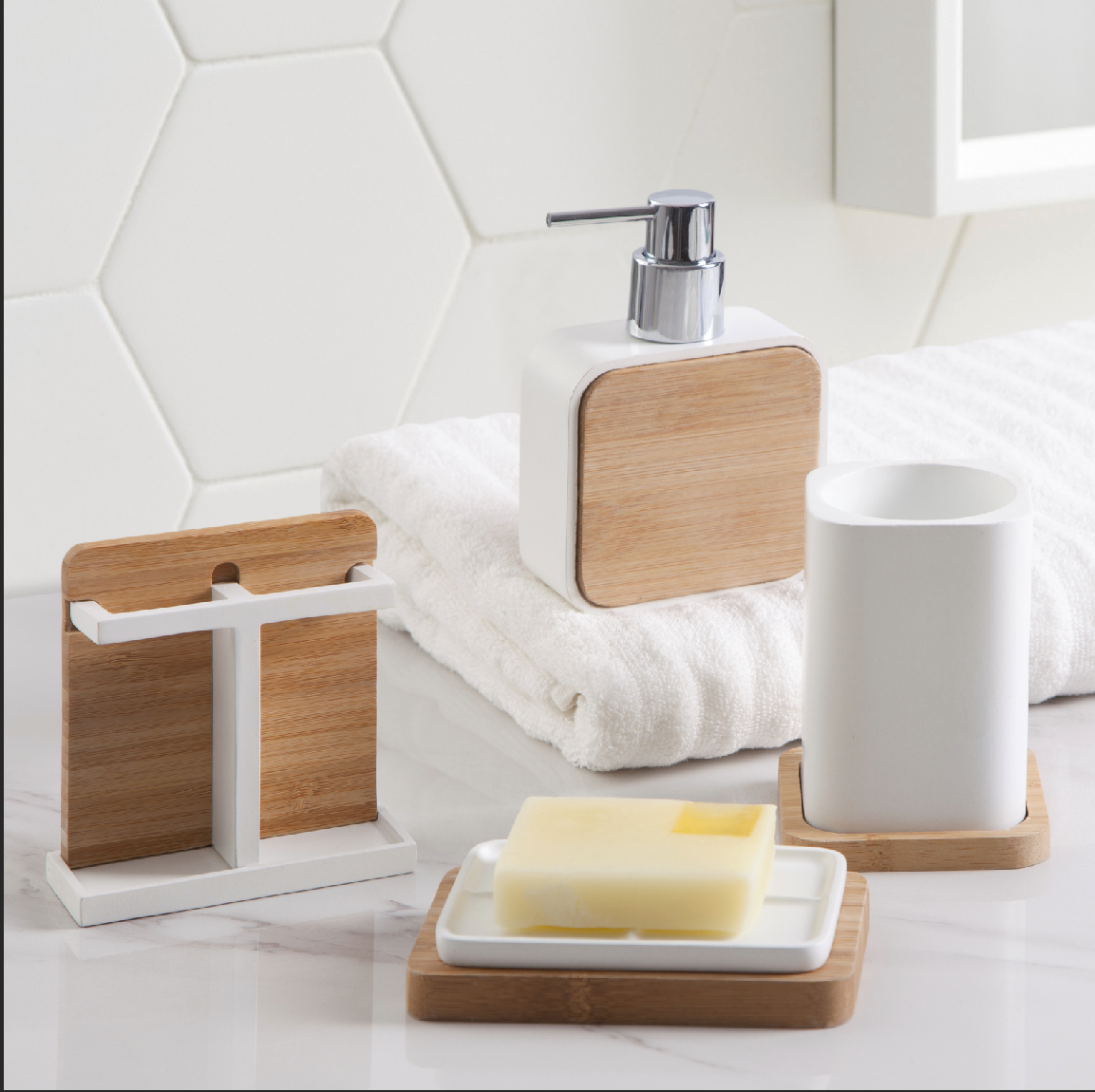 Modern Luxury Décor Bath Accessory Ensemble Bathroom Lotion Dispenser Toothbrush Holder Tumbler Soap Dish, Alpha Modern Bamboo