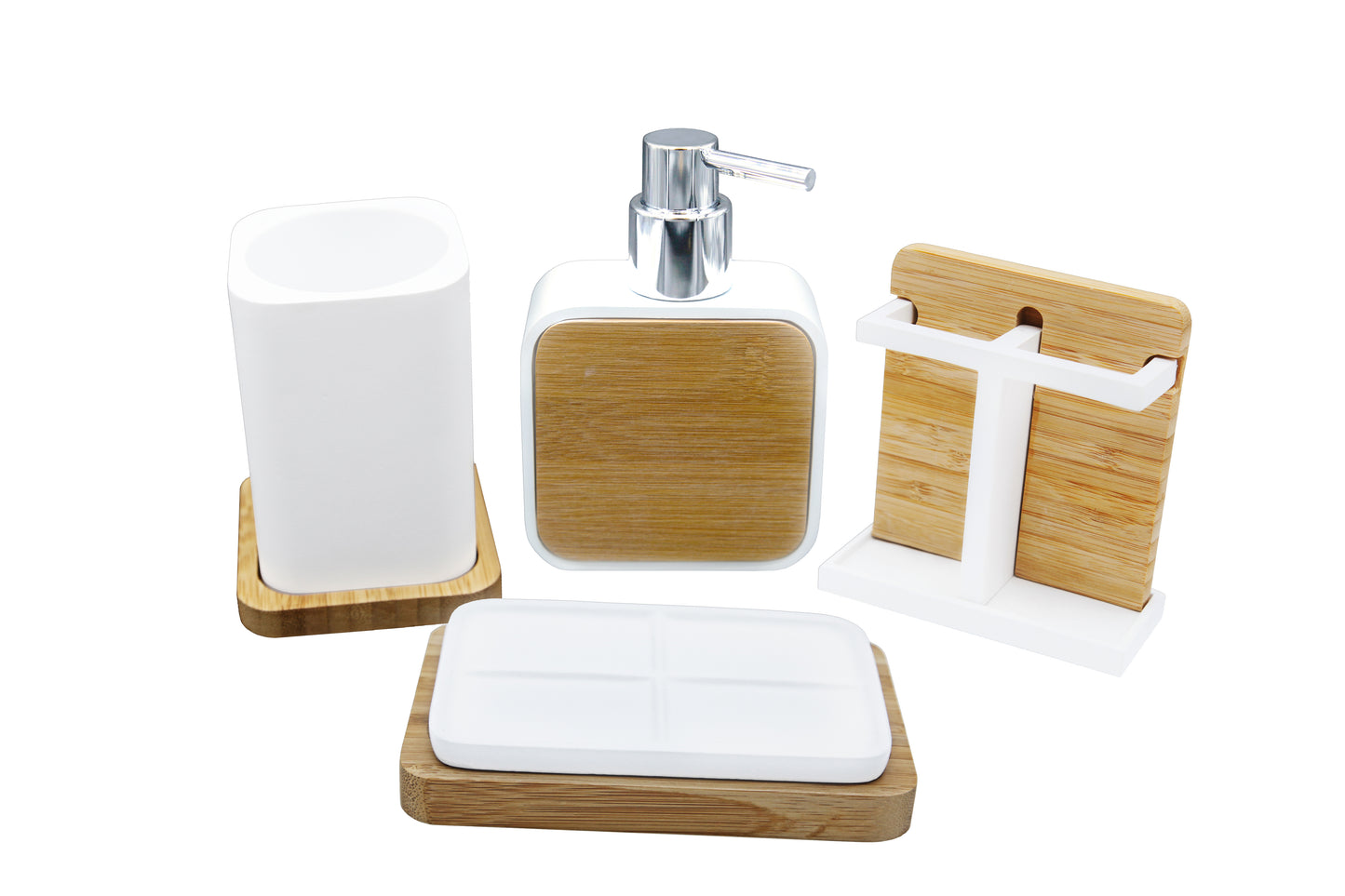 Modern Luxury Décor Bath Accessory Ensemble Bathroom Lotion Dispenser Toothbrush Holder Tumbler Soap Dish, Alpha Modern Bamboo