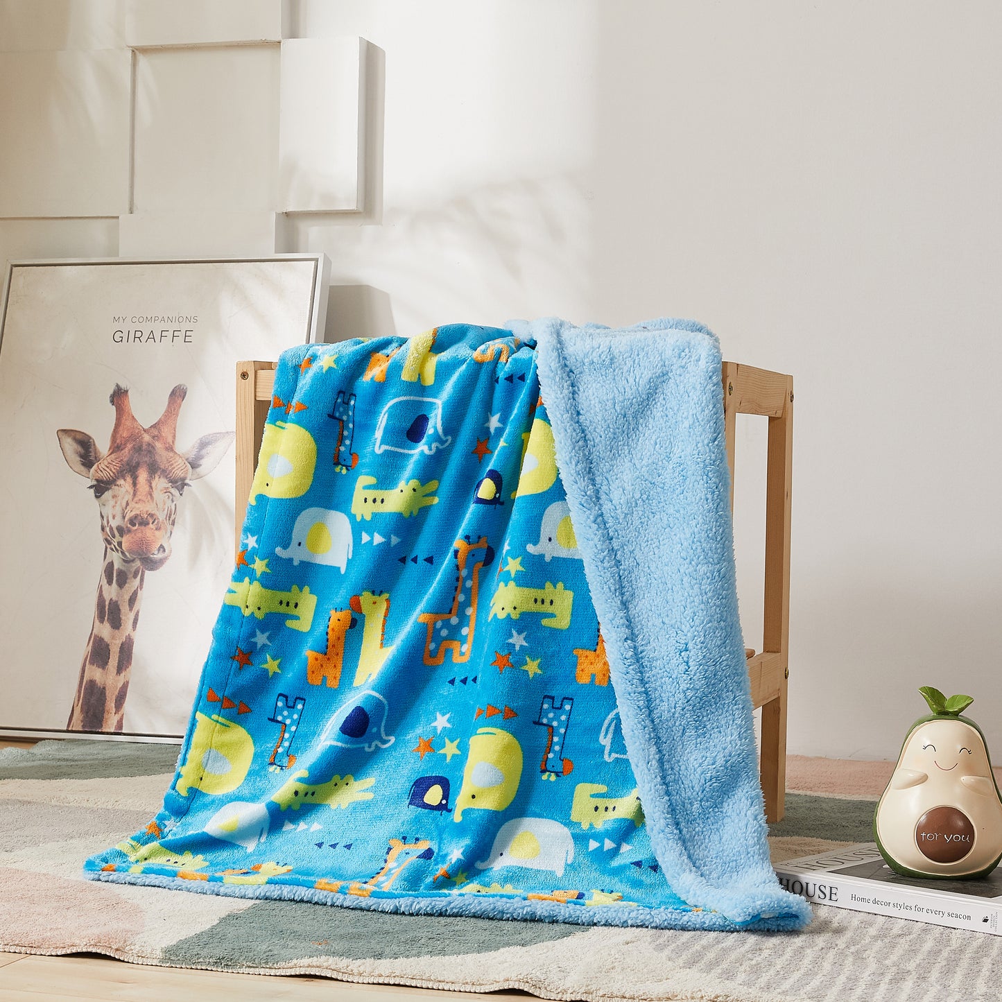 Kid Printed Fluffy Plush Soft Warm Flannel Fleece Children Throw Sherpa Kids Blanket, 30" x 40" Blue Animal Zoo