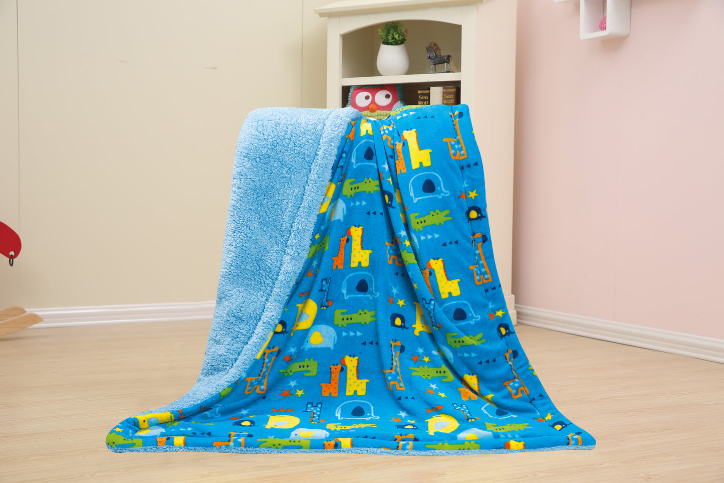 Kid Printed Fluffy Plush Soft Warm Flannel Fleece Children Throw Sherpa Kids Blanket, 30" x 40" Blue Animal Zoo