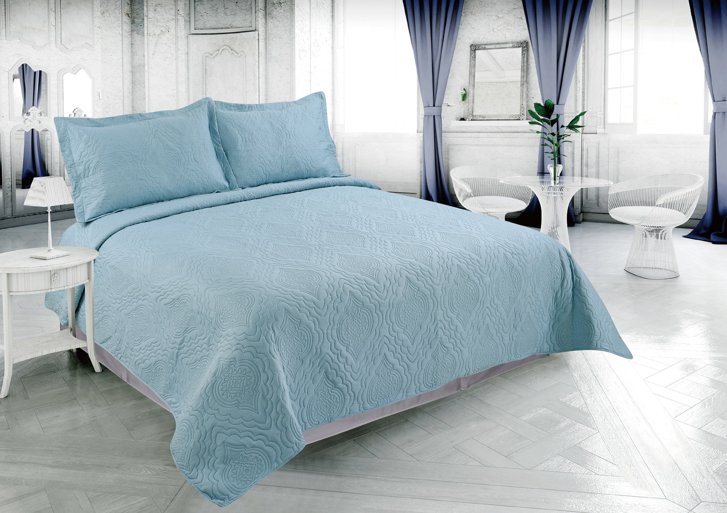 Embossed Pinsonic Solid Bedding Soft Summer Quilt Set, Aqua Color