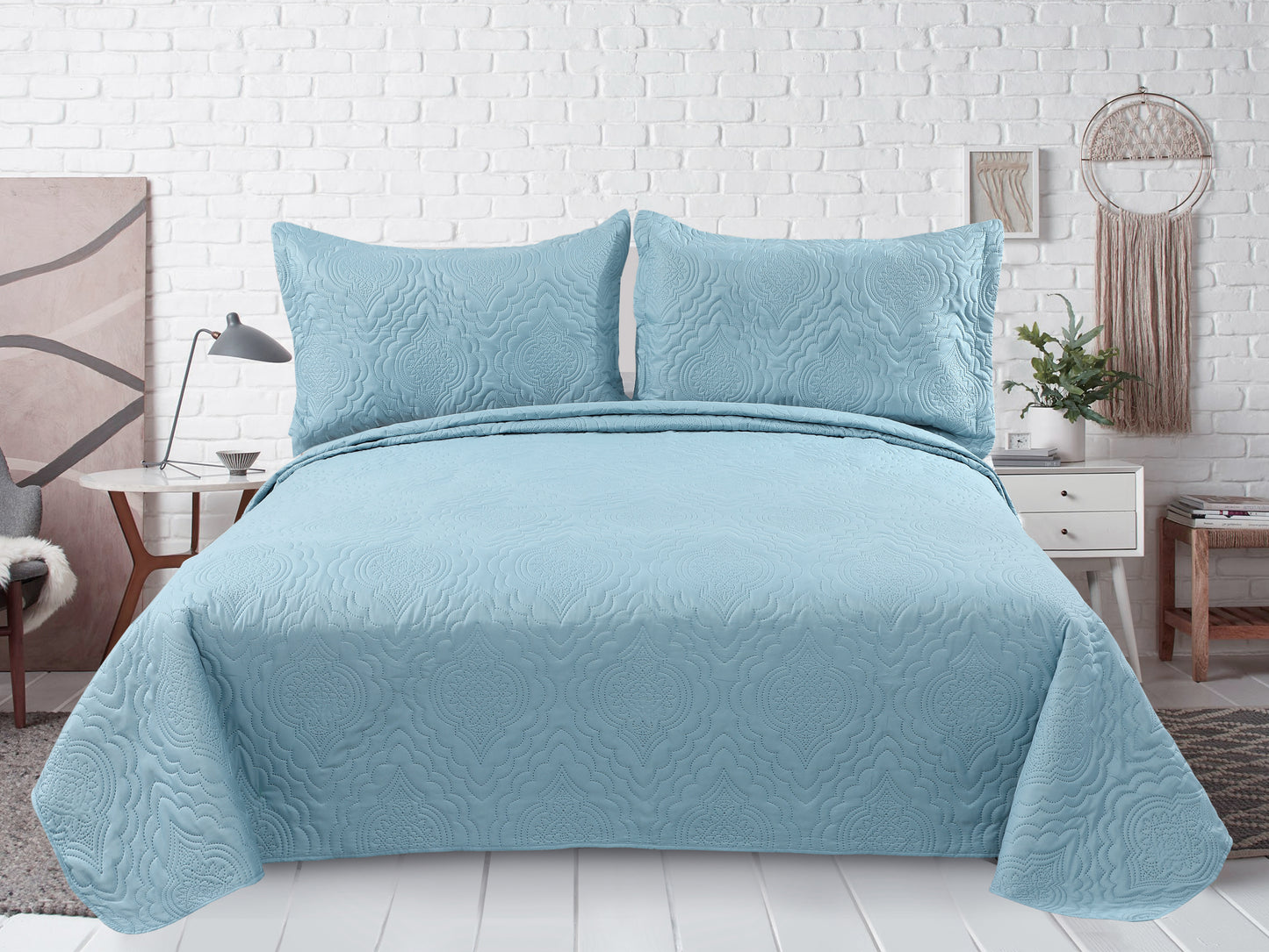 Embossed Pinsonic Solid Bedding Soft Summer Quilt Set, Aqua Color