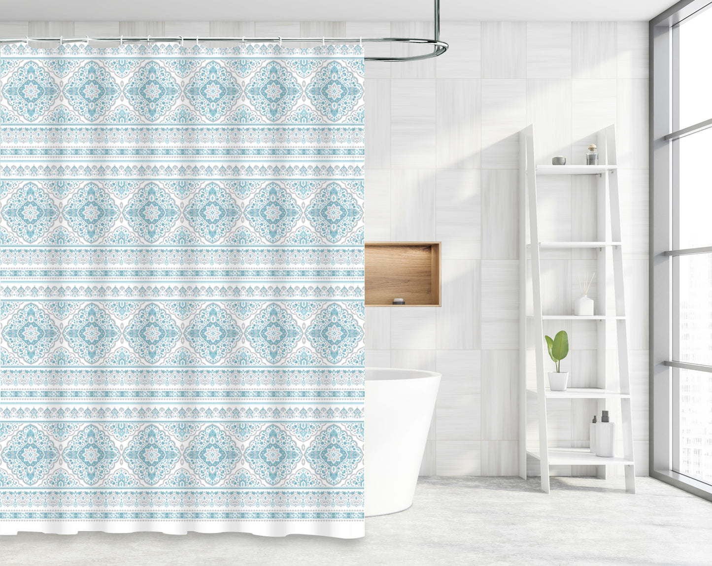 Waterproof Decor Printed Shower Curtain with Roller Hooks, Floral Damask Pattern