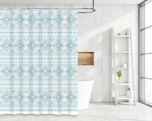 Waterproof Decor Printed Shower Curtain with Roller Hooks, Floral Damask Pattern