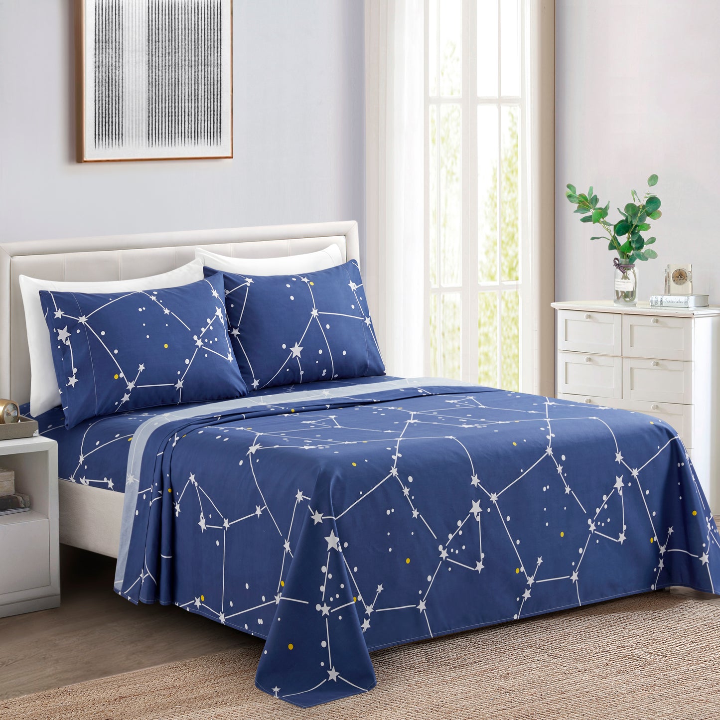 Printed Rayon from Bamboo Soft Deep Pocket Bedding All Season Sheet Set, Navy Blue Asterism