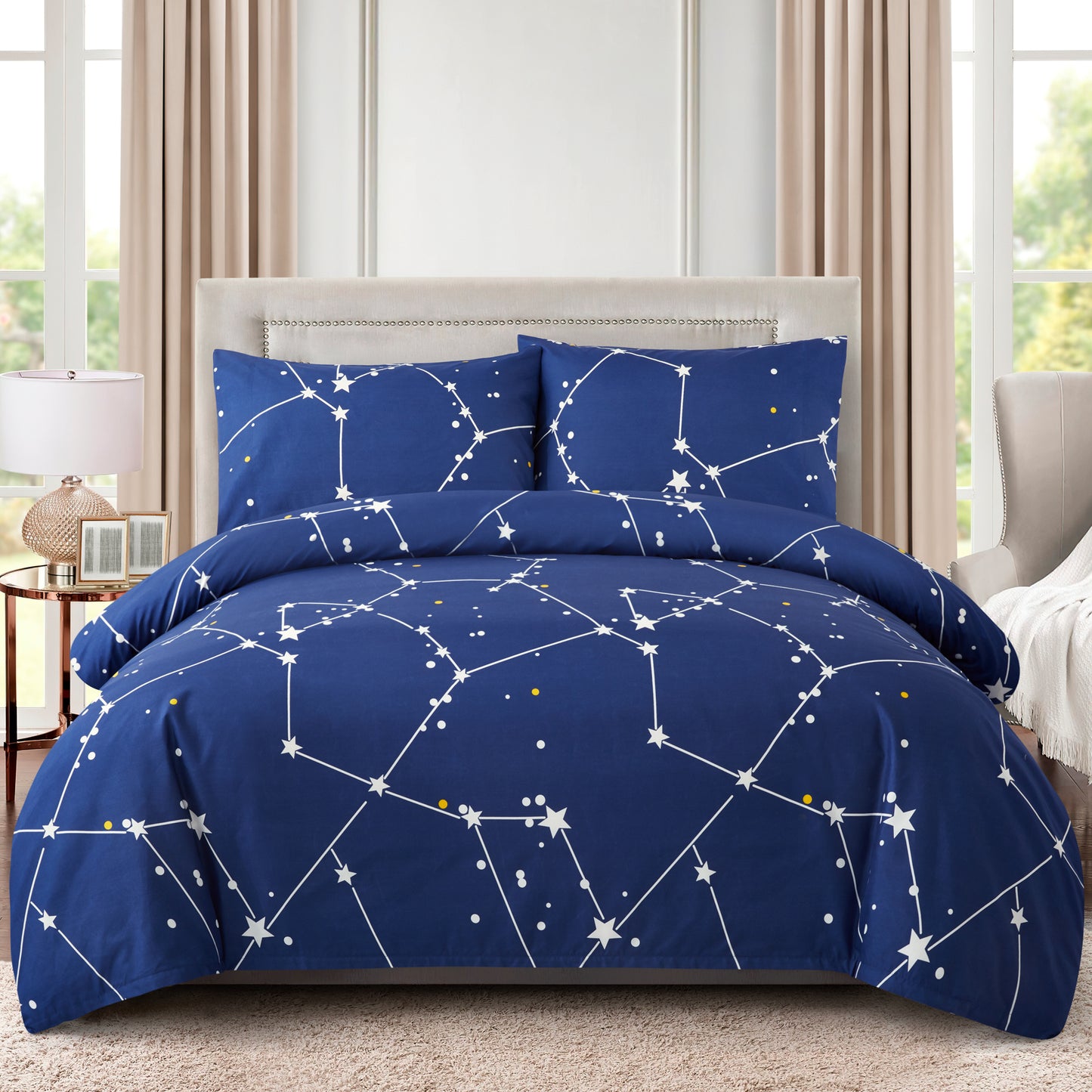 Printed Rayon from Bamboo Soft Bedding Silky Zipper All Season Duvet Cover Set, Navy Blue Asterism