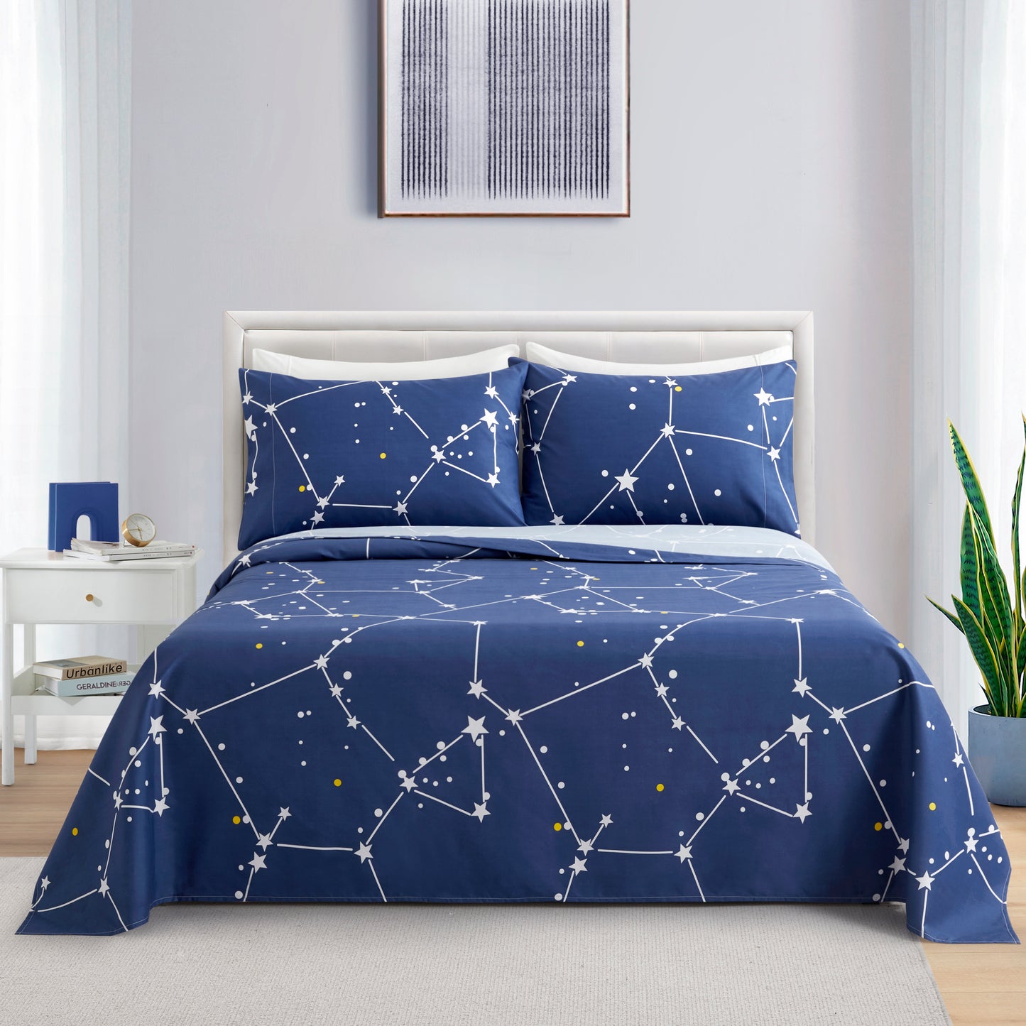Printed Rayon from Bamboo Soft Deep Pocket Bedding All Season Sheet Set, Navy Blue Asterism