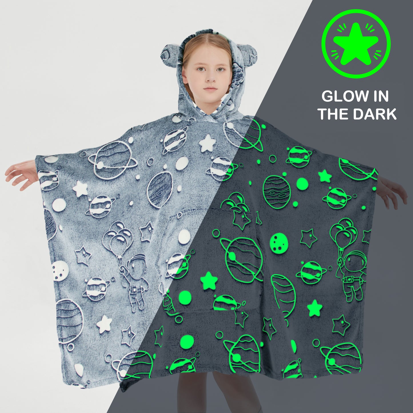Glow in the Dark Kids Wearable Hoodie Blanket for Boys Girls Soft Warm Flannel Fleece Hooded Sweatshirt, 110 x 75 cm Astronaut