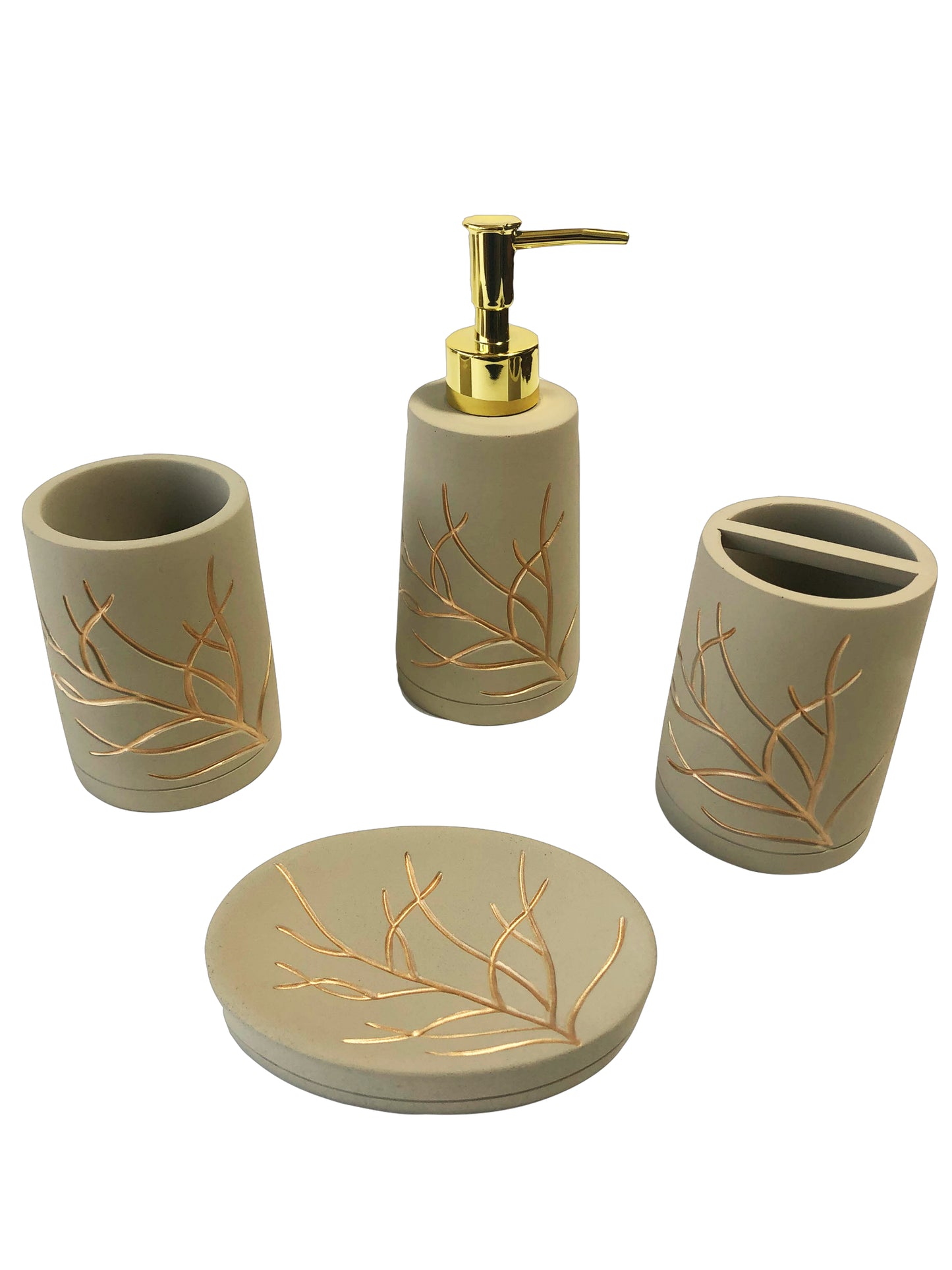 Modern Luxury Décor Bath Accessory Ensemble Bathroom Lotion Dispenser Toothbrush Holder Tumbler Soap Dish, Gold Taupe Branch