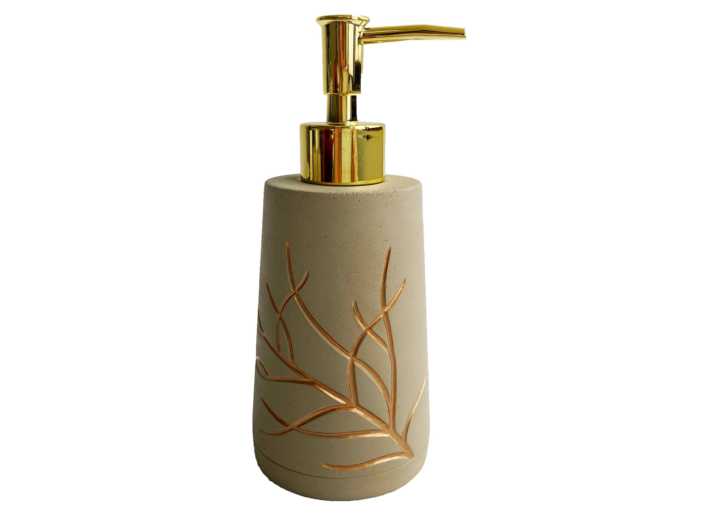 Modern Luxury Décor Bath Accessory Ensemble Bathroom Lotion Dispenser Toothbrush Holder Tumbler Soap Dish, Gold Taupe Branch