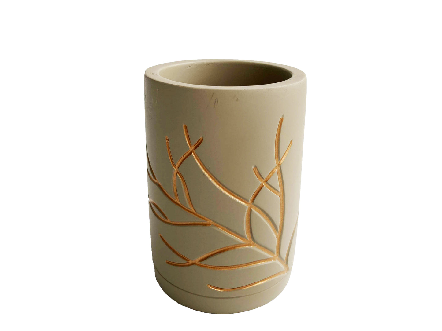 Modern Luxury Décor Bath Accessory Ensemble Bathroom Lotion Dispenser Toothbrush Holder Tumbler Soap Dish, Gold Taupe Branch