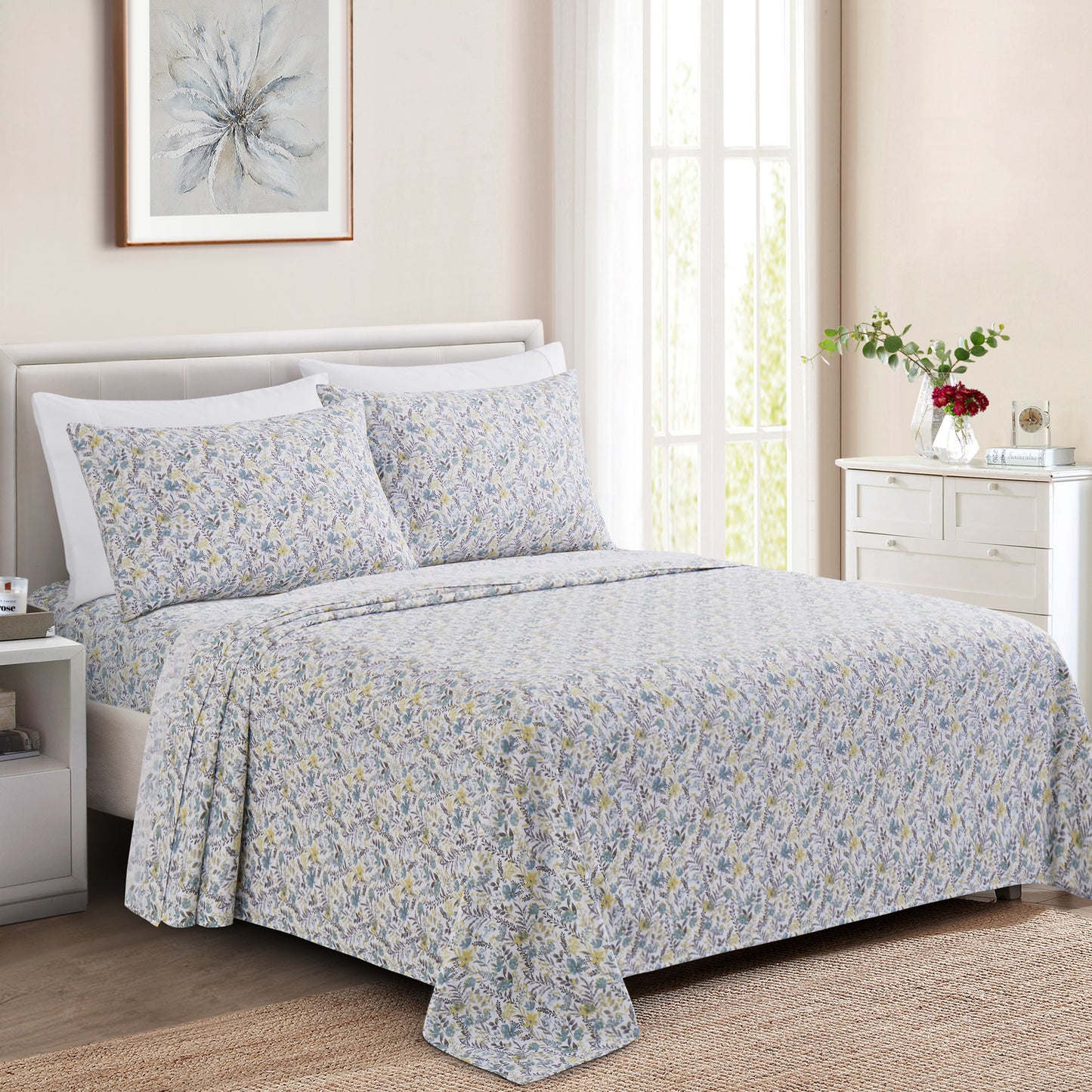 Printed Rayon from Bamboo Soft Deep Pocket Bedding All Season Sheet Set, Teal Yellow Floral