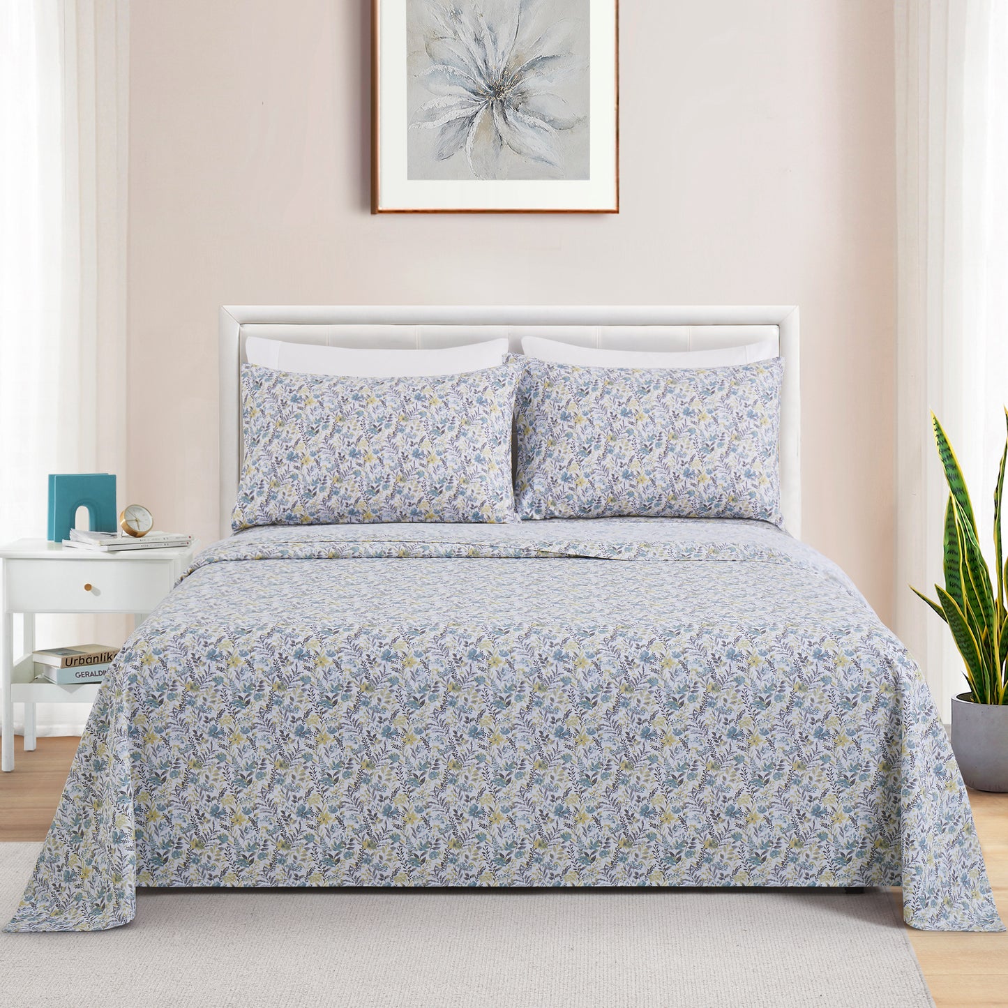 Printed Rayon from Bamboo Soft Deep Pocket Bedding All Season Sheet Set, Teal Yellow Floral