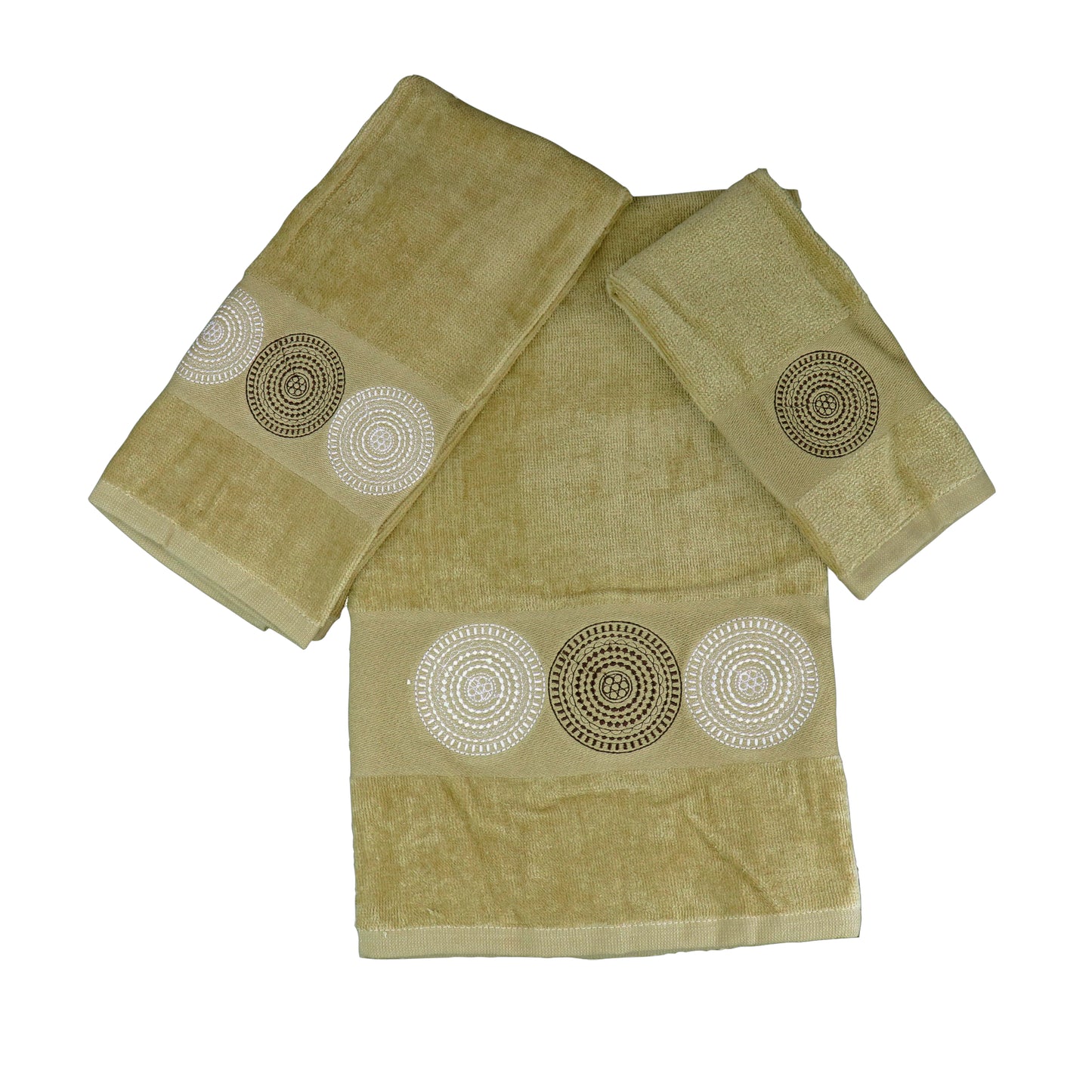Premium Luxury Decor 100% Cotton Soft Bathroom Modern Embroidered 3 Piece Towel Set, Brown Circles Pattern