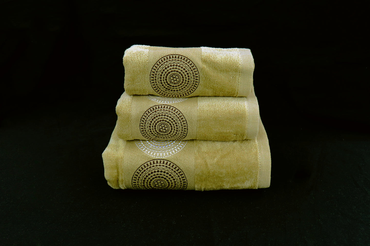 Premium Luxury Decor 100% Cotton Soft Bathroom Modern Embroidered 3 Piece Towel Set, Brown Circles Pattern
