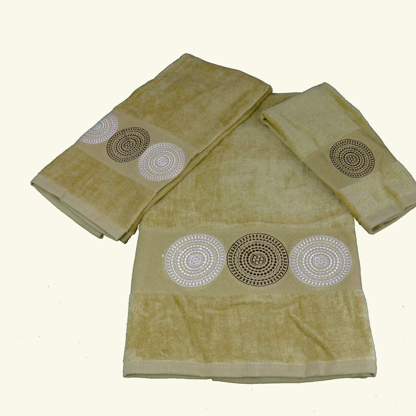 Premium Luxury Decor 100% Cotton Soft Bathroom Modern Embroidered 3 Piece Towel Set, Brown Circles Pattern