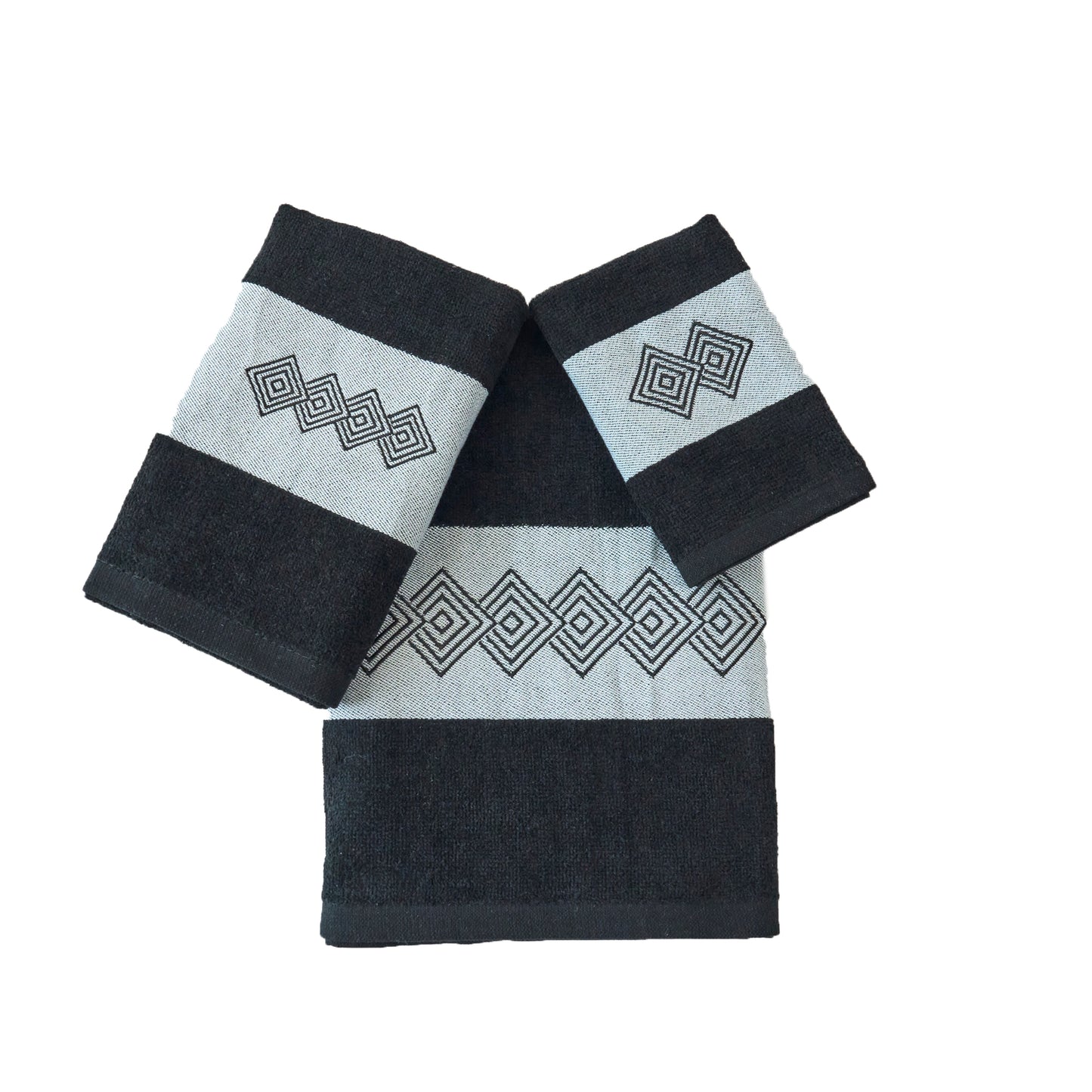 Premium Luxury Decor 100% Cotton Soft Bathroom Modern Embroidered 3 Piece Towel Set, Modern Square Pattern