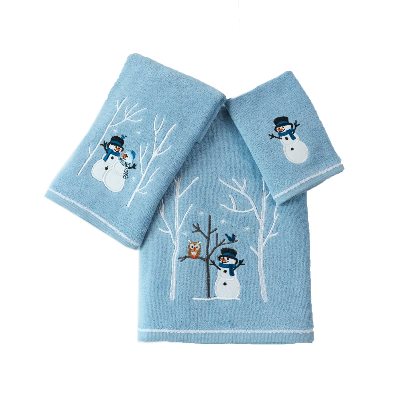 Premium Luxury Xmas Decor Soft 100% Cotton Embroidered Bathroom Christmas 3 Piece Towel Set, Blue Color Snowman