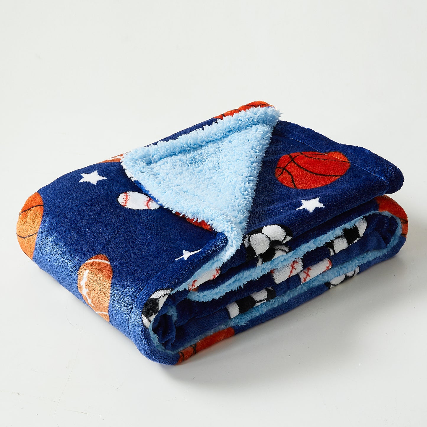 Kid Printed Fluffy Plush Soft Warm Flannel Fleece Children Throw Sherpa Kids Blanket, 30" x 40" Balls and Stars with Navy Blue