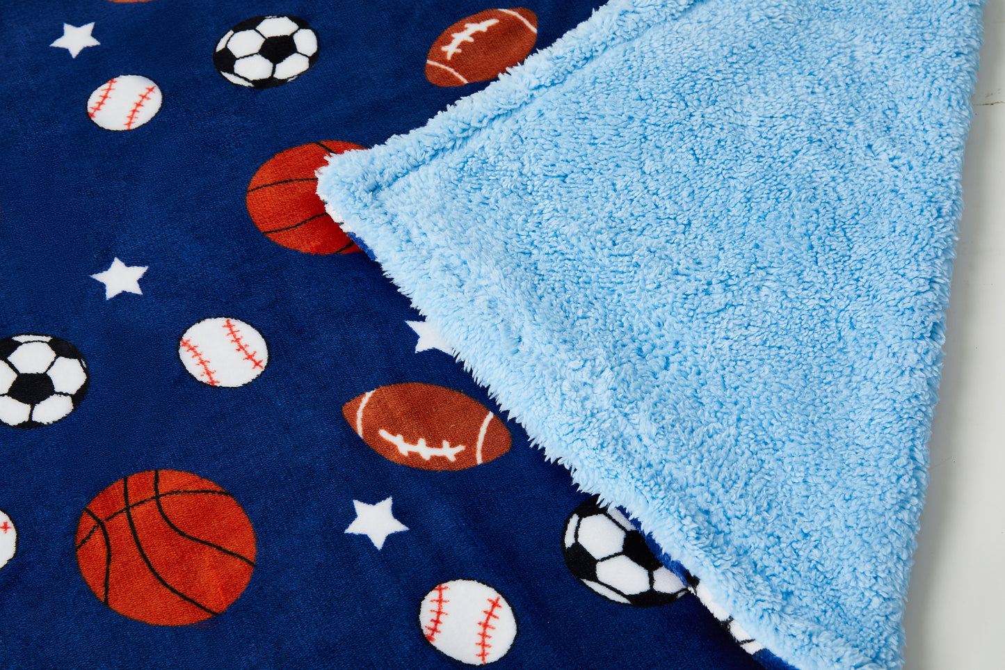 Kid Printed Fluffy Plush Soft Warm Flannel Fleece Children Throw Sherpa Kids Blanket, 30" x 40" Balls and Stars with Navy Blue