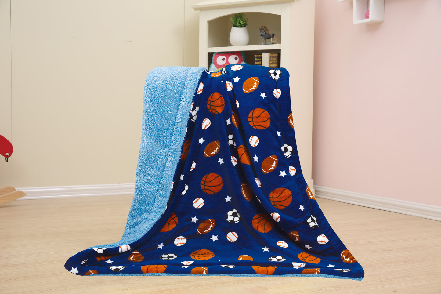 Kid Printed Fluffy Plush Soft Warm Flannel Fleece Children Throw Sherpa Kids Blanket, 30" x 40" Balls and Stars with Navy Blue