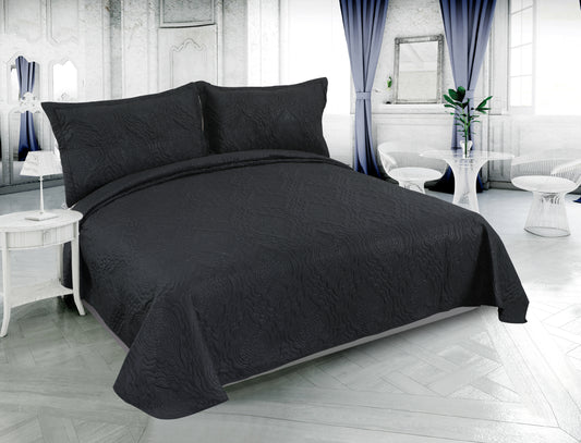 Embossed Pinsonic Solid Bedding Soft Summer Quilt Set, Black Color