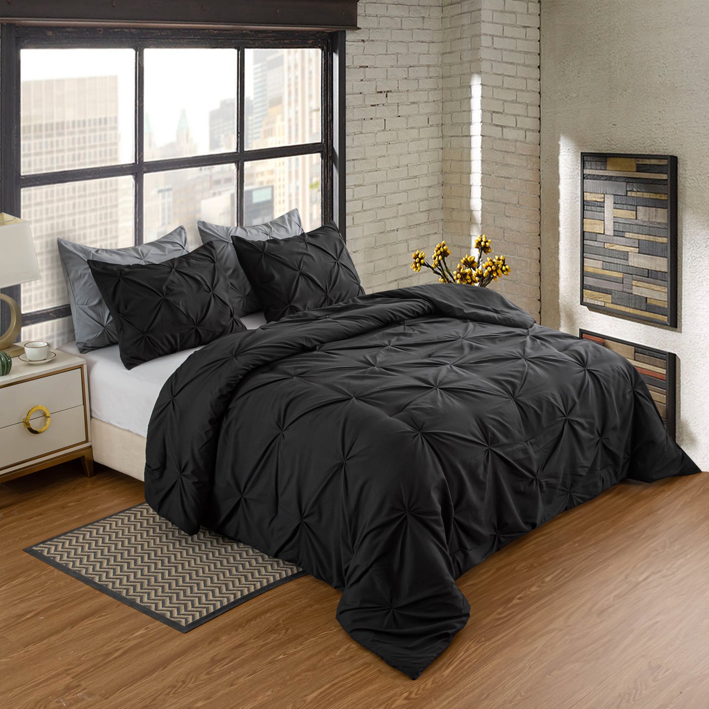 Pintuck Soft Luxury Fluffy Goose Down Alternative Solid Geometric Tufted Bedding Pinch Pleated Comforter Set, Black