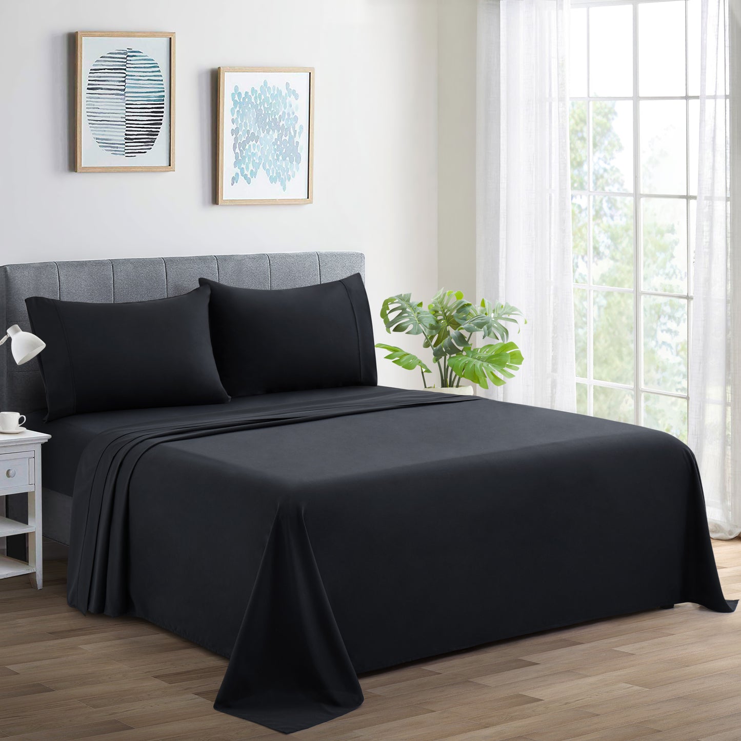600 Thread Count Cotton Percale Soft Deep Pocket Solid Bedding All Season Sheet Set, Black