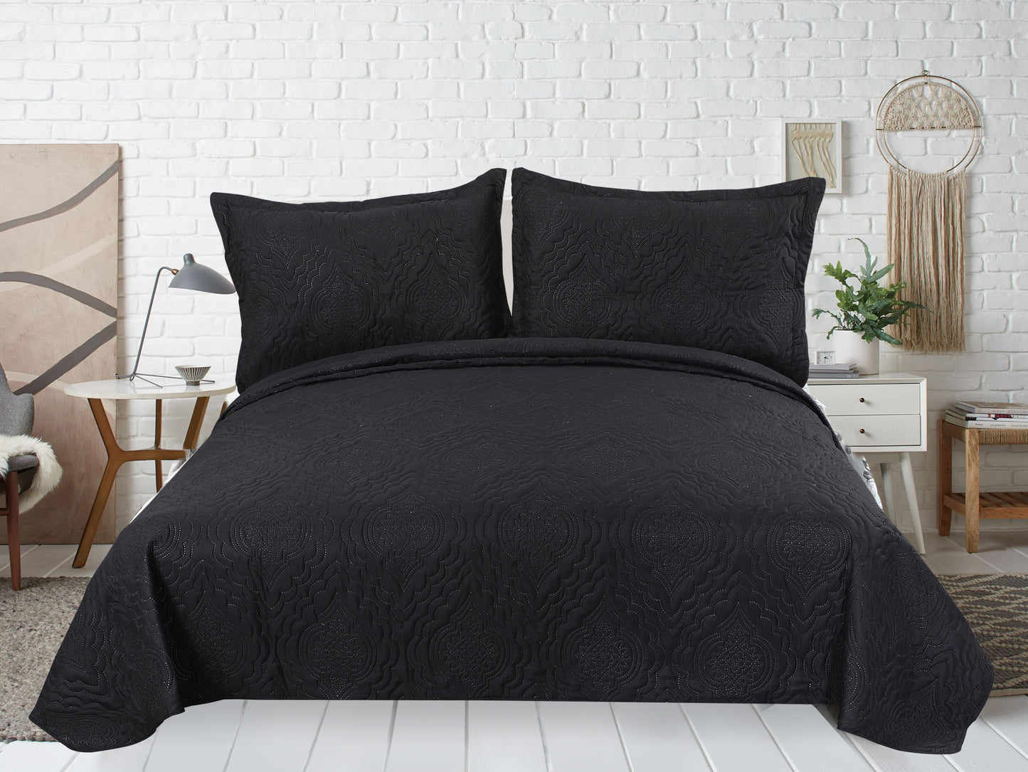 Embossed Pinsonic Solid Bedding Soft Summer Quilt Set, Black Color