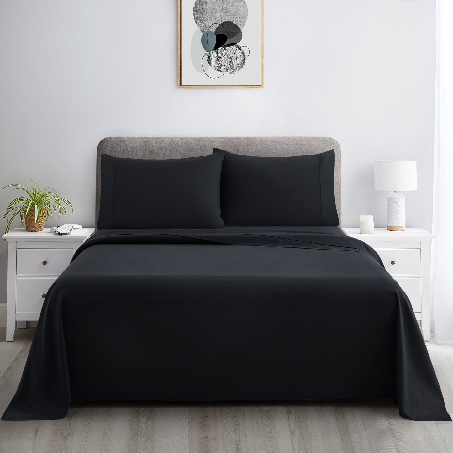 600 Thread Count Cotton Percale Soft Deep Pocket Solid Bedding All Season Sheet Set, Black