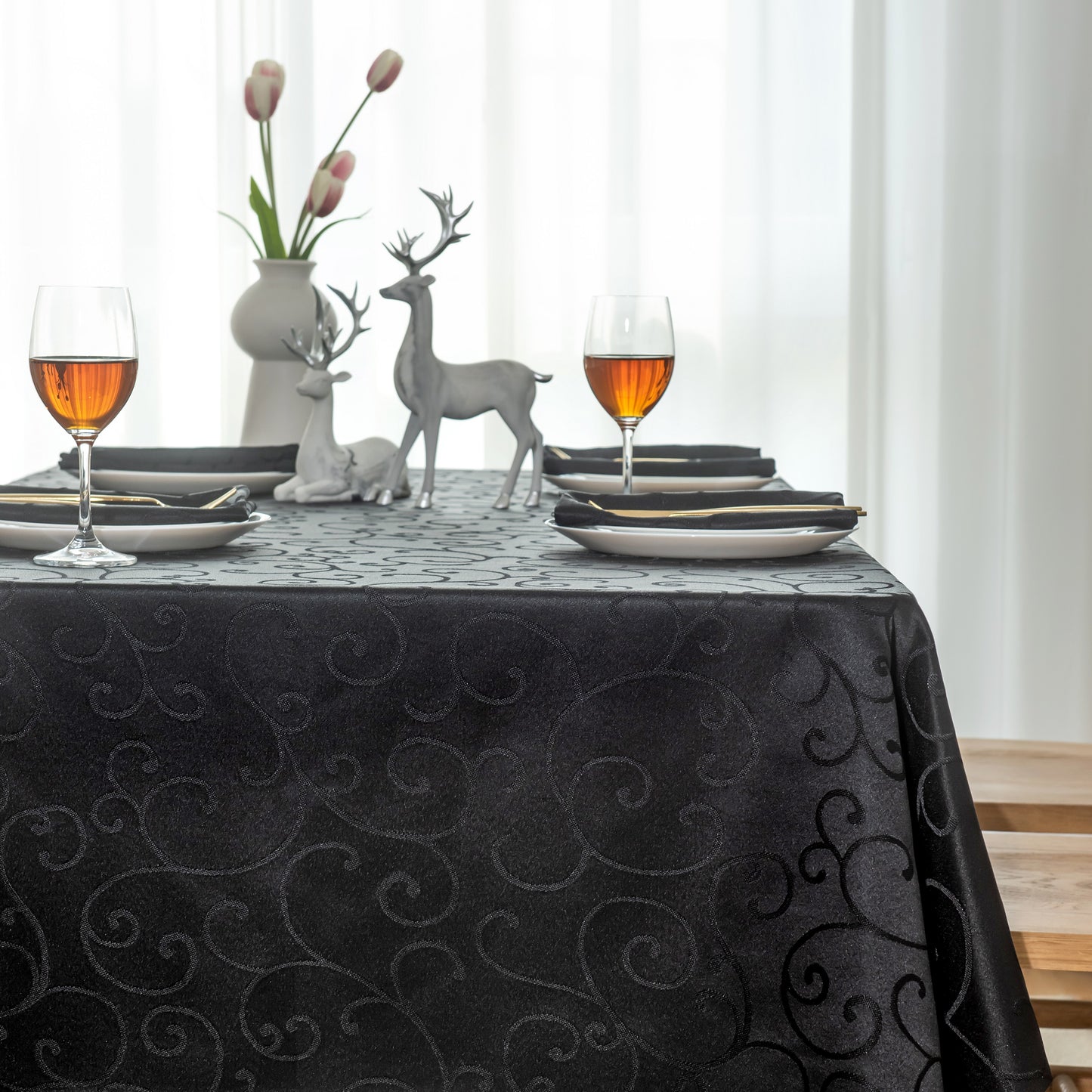 Jacquard Waterproof Thick Luxury Premium Solid Liquid Repellent Stain Resistant Decorative Home Kitchen Tablecloth, Black Color