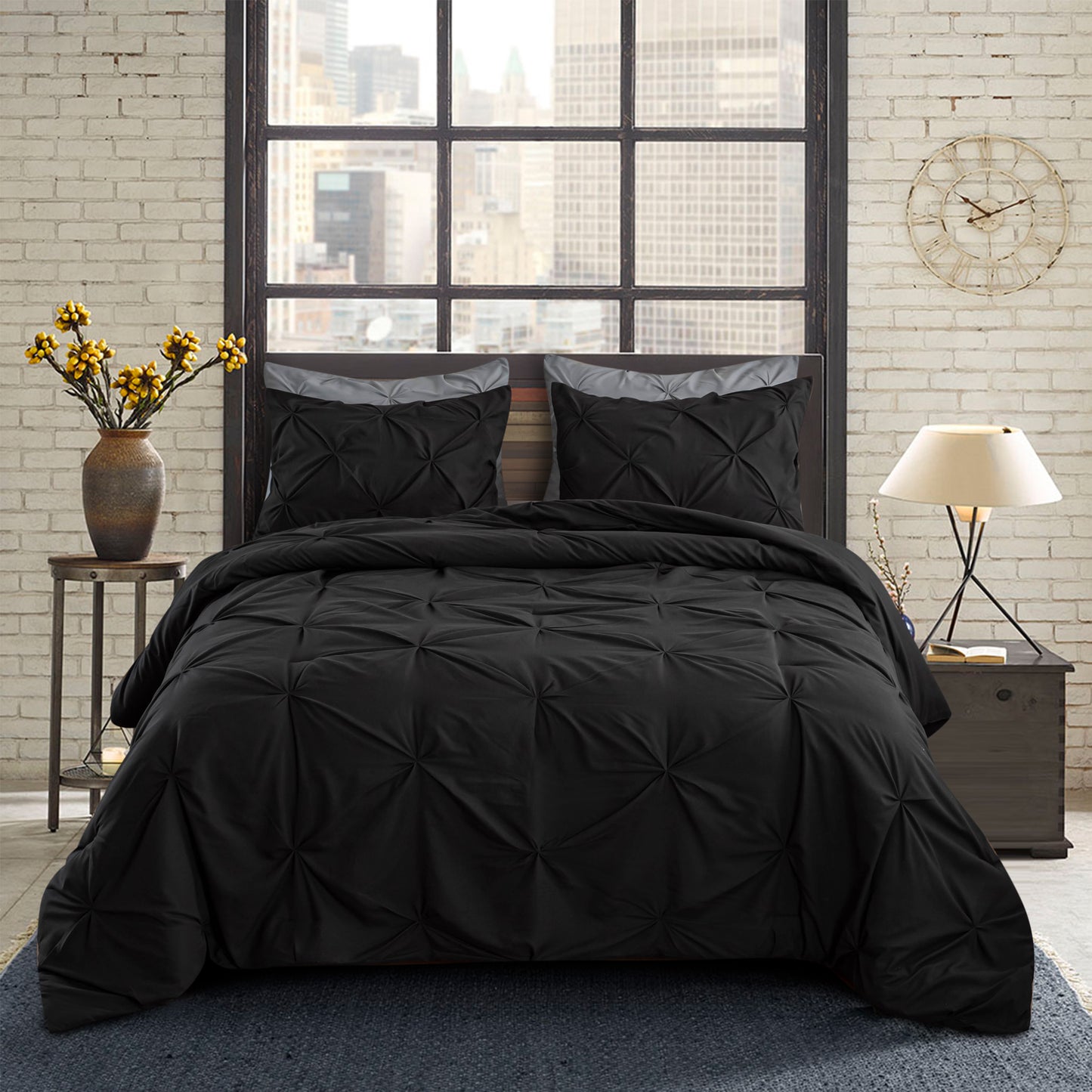 Pintuck Soft Luxury Fluffy Goose Down Alternative Solid Geometric Tufted Bedding Pinch Pleated Comforter Set, Black