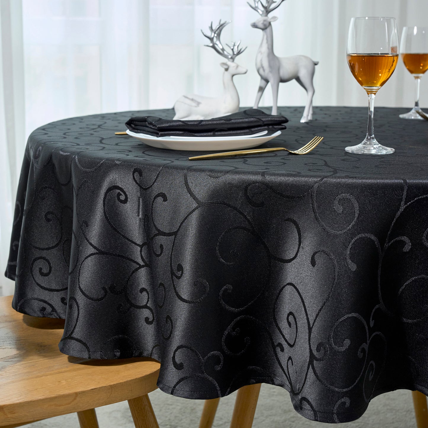 Jacquard Waterproof Thick Luxury Premium Solid Liquid Repellent Stain Resistant Decorative Home Kitchen Tablecloth, Black Color