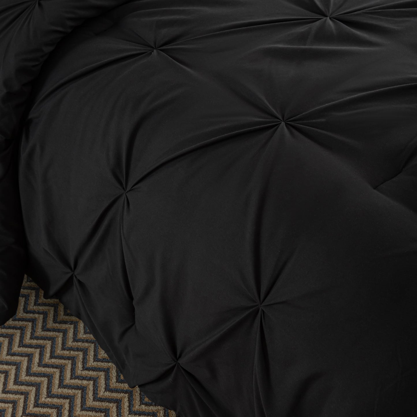 Pintuck Soft Luxury Fluffy Goose Down Alternative Solid Geometric Tufted Bedding Pinch Pleated Comforter Set, Black